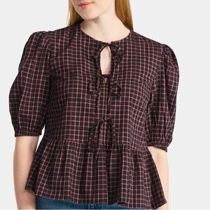 Time and Tru Black and Red Checkered Peplum Blouse